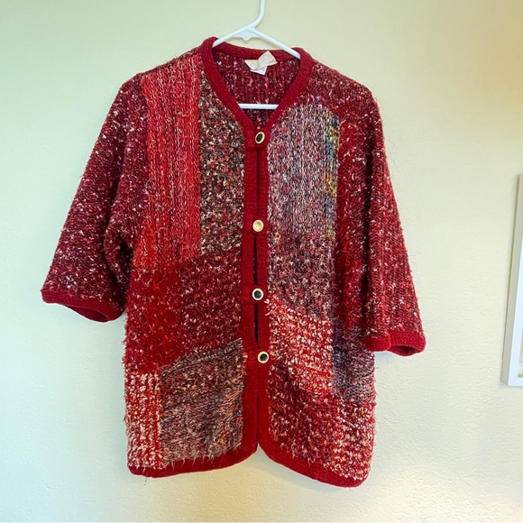 Red Tricots Riva Jeambrun Vintage Patchwork Knit Sweater Cardigan - Picture 2 of 9